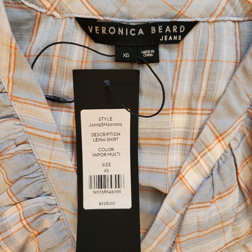 Veronica Beard NWT Size XS Leina Shirt in Vapor Multi, Sleeveless Ruffles Linen - Picture 14 of 14